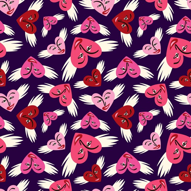 Valentines Day pattern with angels funky hearts Groovy cute love characters