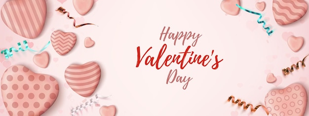 Valentines Day. Pink abstract minimalism wedsite header design template with realistic candy hearts and ribbons.