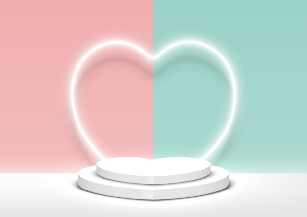 ピンクと緑の背景にハート型のネオンライトで製品を表示するためのバレンタインデーの表彰台