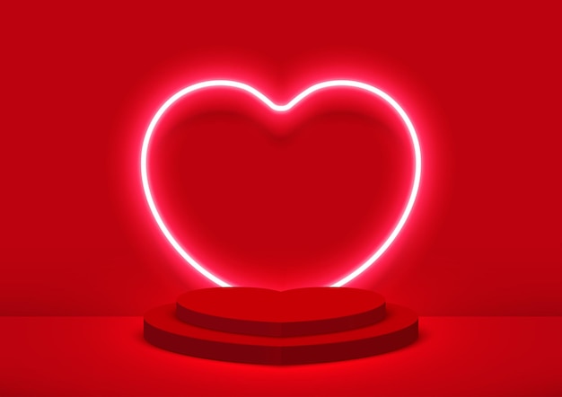 valentines day podium for product display with hearts shapes neon lighting on red background