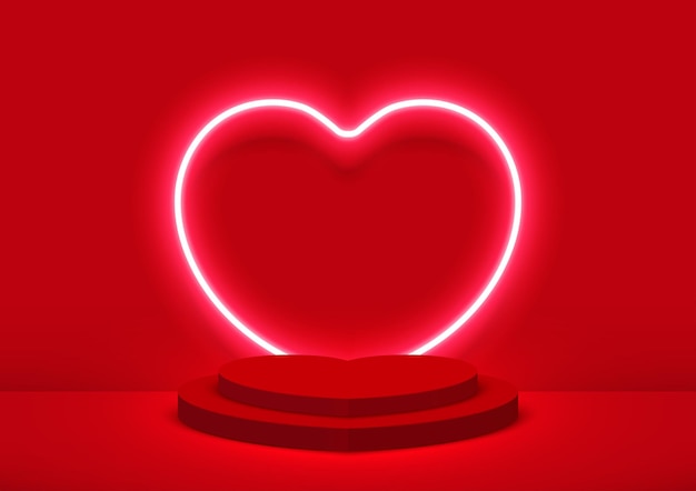 Valentines day podium for product display with hearts shapes neon lighting on red background