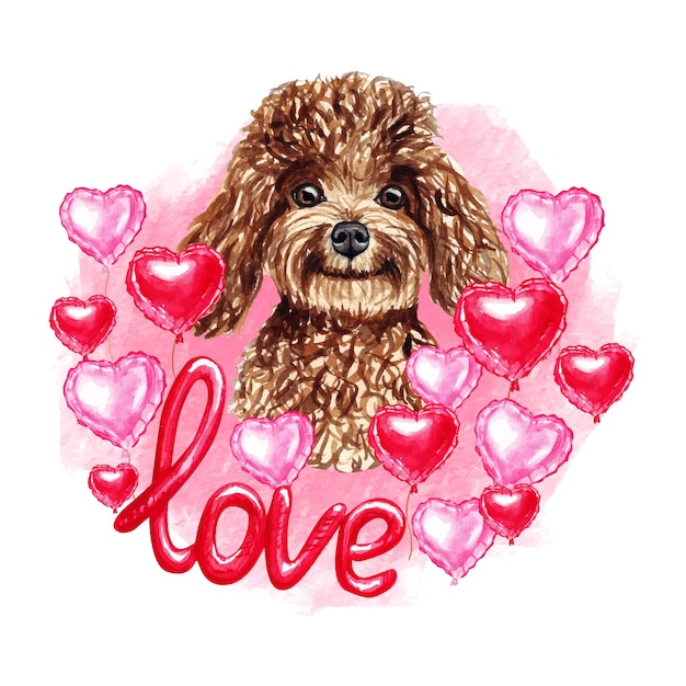 Vettore cane barboncino di san valentino con cuori e amore. illustrazione dell'acquerello.