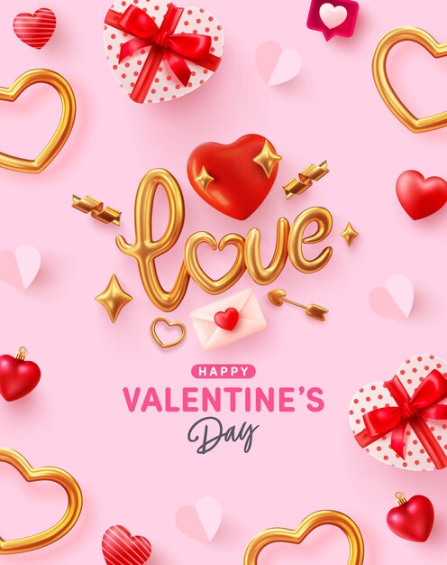 Modello di poster e banner di san valentino con scritta golden love e confezione regalo a forma di cuore