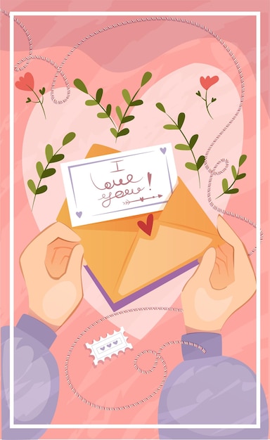 Vector valentines day poster cute greeting card with hands opening envelope with romantic love letter cover