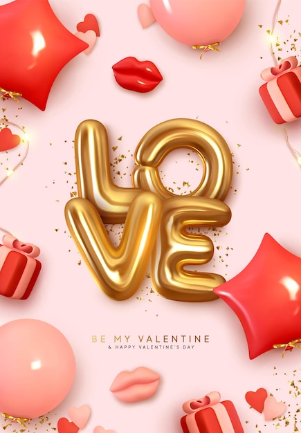 Vector valentines day poster. romantic creative background realistic 3d festive decorative objects, red lips, heart shaped balloon, love word text, falling gift box, glitter gold confetti. holiday web banner