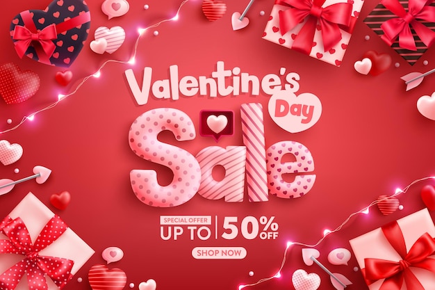 Vector valentines day poster with cute heartgift box and valentines day elements on red background