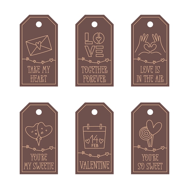 Vector valentines day printable tags template in doodle style handdrawn love theme icons and quotes