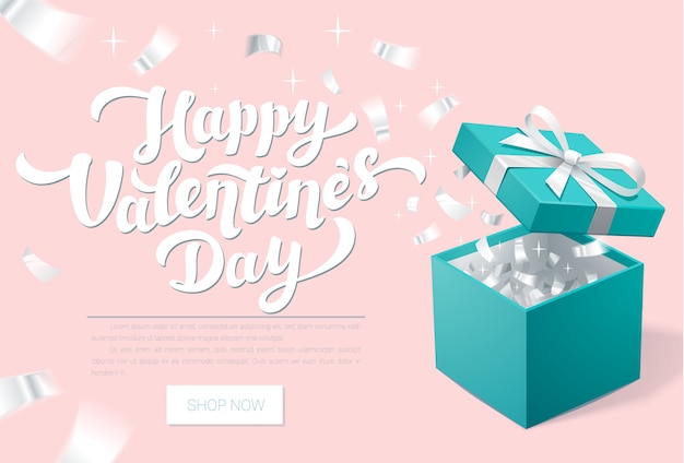 Valentines day promo banner with open gift box and silver confetti