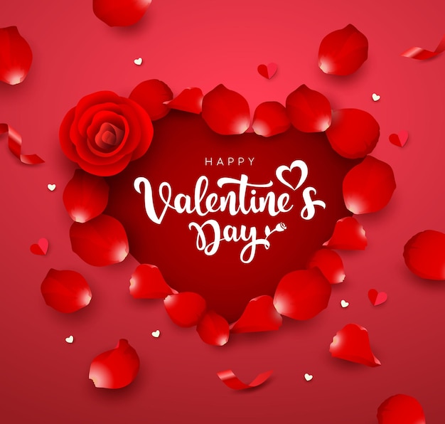 Valentines day red rose petals heart shape poster design on red background, eps 10 vector