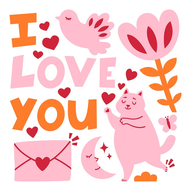 Vector valentines day romance greeting card with cat.