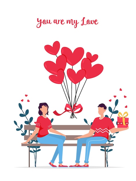 Vector valentines day romantic dating gift card. lovers relationship two people. couple sitting on bench. loving couple on bench. cheerful young couple sitting close to each other and smiling.