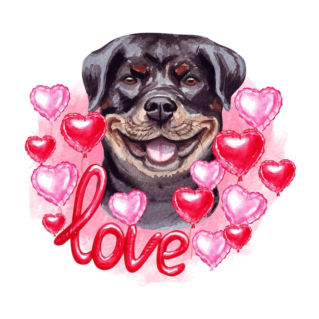 Vector valentines day rottweiler dog with hearts and love. watercolor illustration.