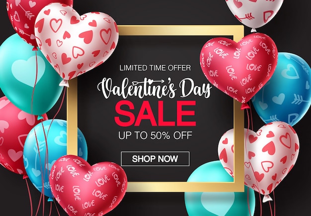 Valentines day sale balloons vector banner design Happy valentines day sale promotion text