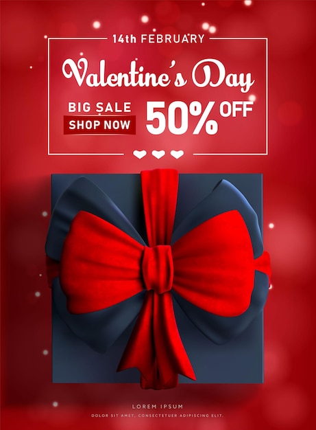 Valentines day sale banner background for flyer or website header gift box with bow greeting card