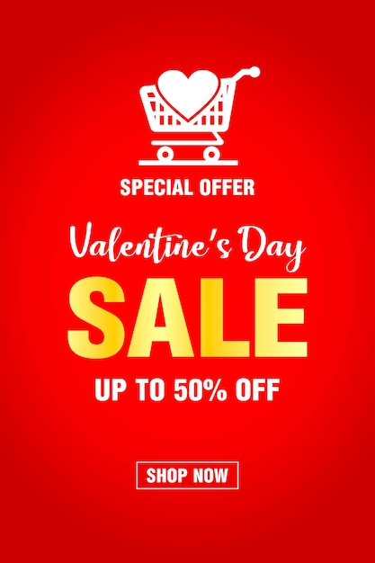 Valentines day sale banner design with 50 off discount on a red background