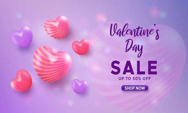 Modello di banner di vendita di san valentino con palloncini di cuori 3d in viola sfondo sfocato