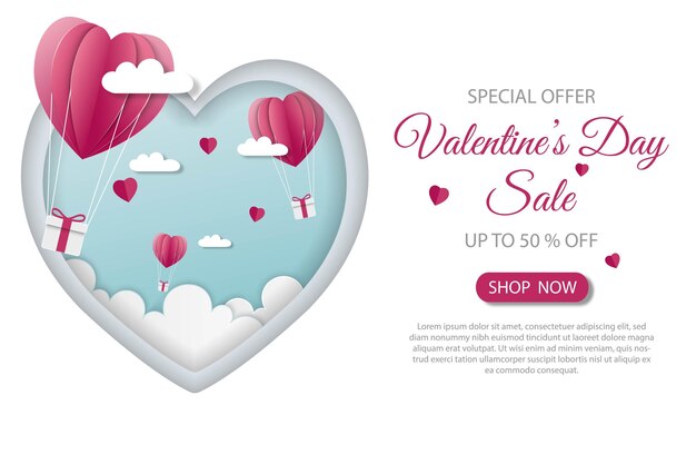 Valentines day sale banner with blue paper cut design