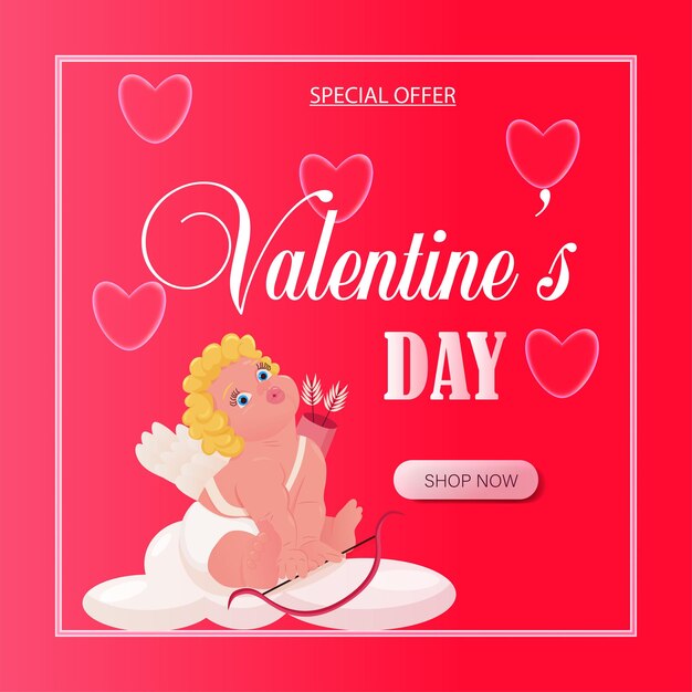 Valentines day sale banner with cupid and hearts for online shop Social media template Stories cover