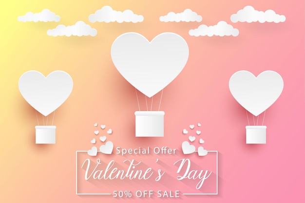 Valentines day sale, colorful paper art background with heart balloons