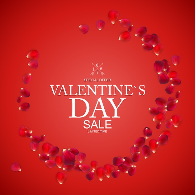 Valentines day sale, discount card with rose petals.