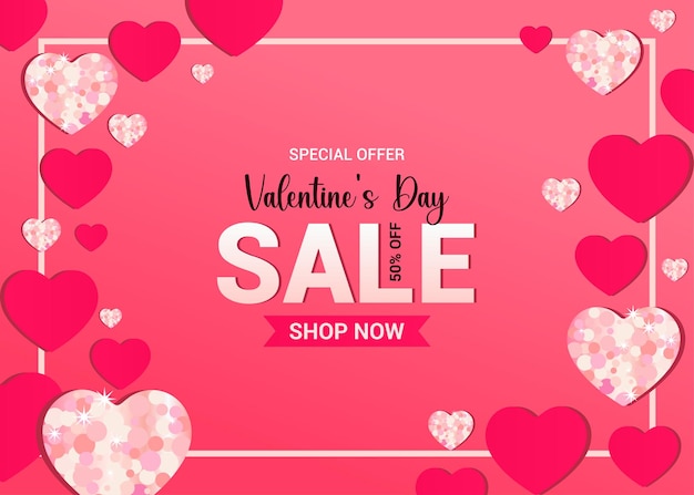 valentines day sale glitter paper hearts pink abstract background origami style