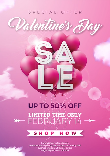 Valentines day sale illustration with red heart balloon on pink background. special offer