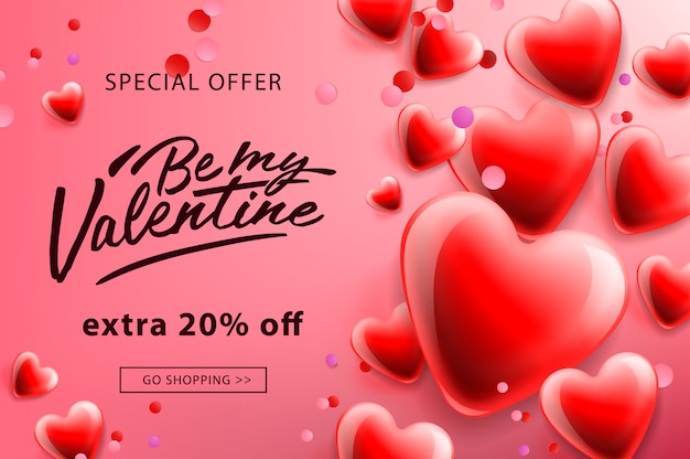 Valentines day sale. landing page template with red hearts background, illustration.