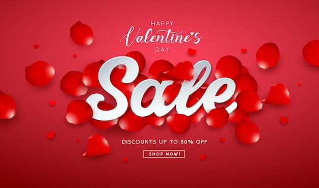 Valentines day, sale message with red rose petal promotion banners design on red background