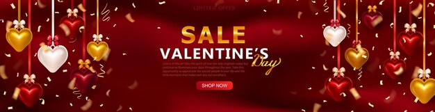 Valentines Day sale panoramic banner or header with 3d glossy hearts hanging on ribbon with confetti