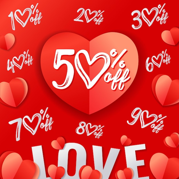 Valentines Day Sale percent numbers set. Paper 3D red hearts. Holiday creative background.