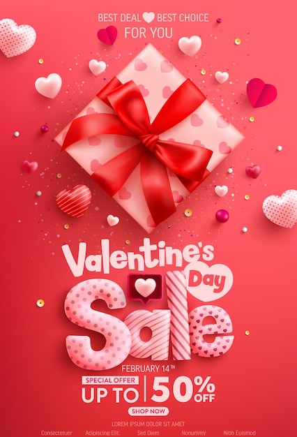 Vettore poster di vendita di san valentino o banner con confezione regalo carina e cuori dolci su sfondo rosso