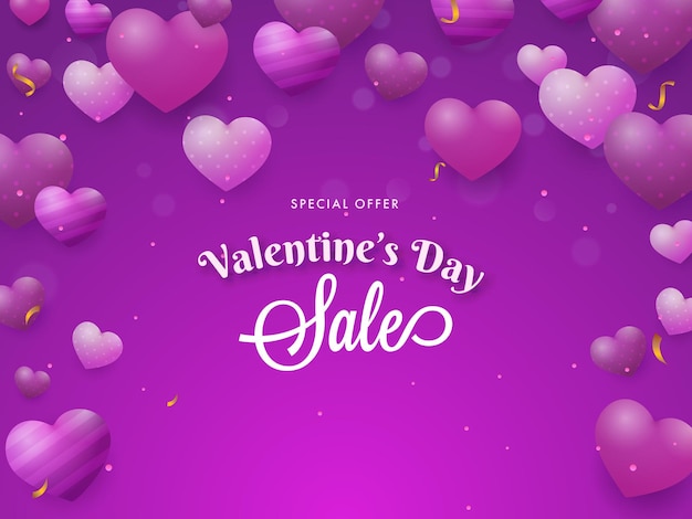 Valentines Day Sale Poster Design with Glossy Hearts and Golden Confetti Decorated on Dark Magenta Background