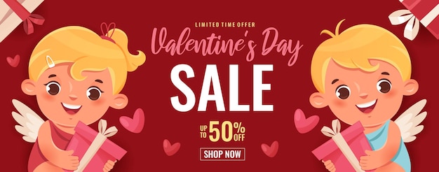 Valentines day sale poster with cute cupids, gifts, red and pink hearts.