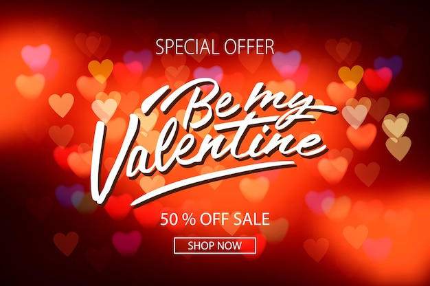 Valentines day sale poster with red hearts background, vector illustration.