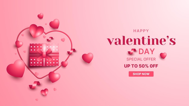 Banner promozionale di vendita di san valentino con sorpresa a palloncino e confezione regalo