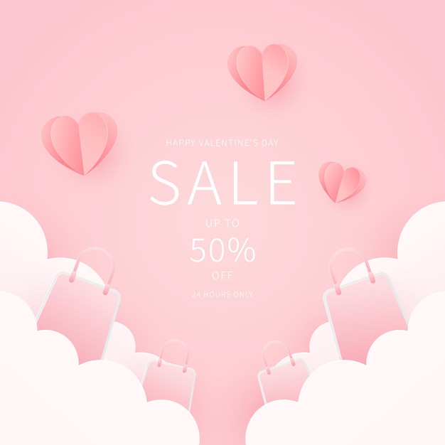 Valentines day sale promotion banner template design Vector in paper cut style