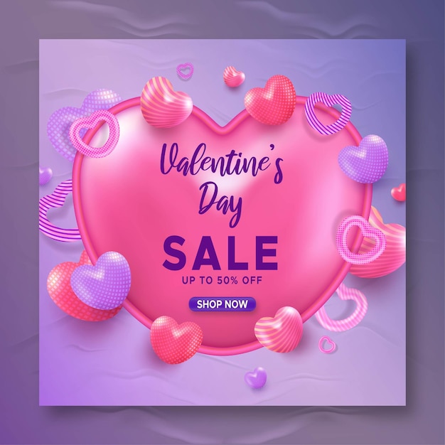 valentines day sale social media post template with 3d hearts balloons in violet blurred background