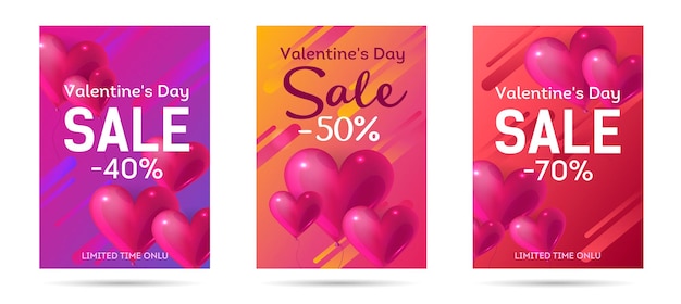 Valentines day sale web banner flyer concept pink cute balloons in shape of heart promo