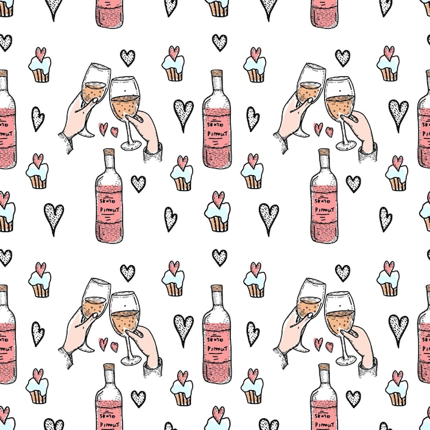 Valentines day seamless pattern hand drawn vector illustration hearts lips kiss