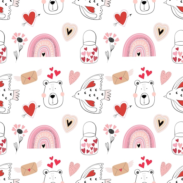 Valentines day seamless pattern with cute bear and rainbows  kids wallpaper holidays background