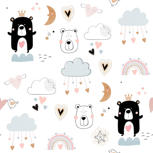 Valentines Day seamless pattern with cute bears hearts clouds and rainbows kids background