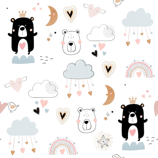 Valentines day seamless pattern with cute bears hearts clouds and rainbows kids background