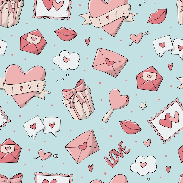Valentines day seamless pattern with doodles on blue background