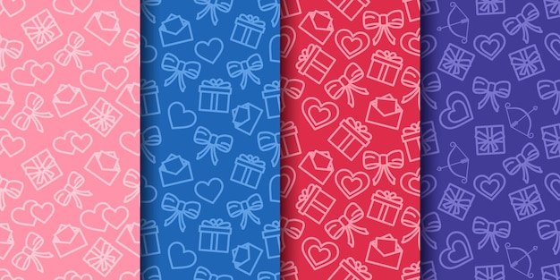 Valentines day seamless patterns set. wrapping paper with hearts, bows, gifts