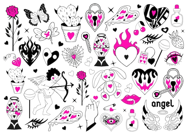 Valentine's day set di elementi amore collezione moderna disegno a mano con cuore ardente fiore rosa yk