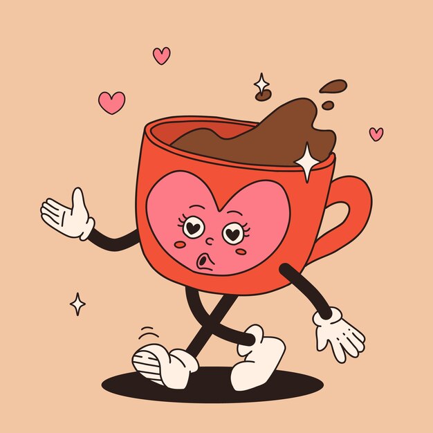 Valentines Day set of funny vintage characters Happy and cheerful retro Old animation 60s 70s