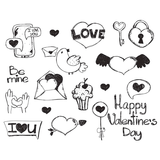 San valentino set amore amore clipart molti vari oggetti romantici elementi disegnati a mano sull'amore doodle disegnato a mano collezione amore e sentimenti illustrazione vettoriale impreciso