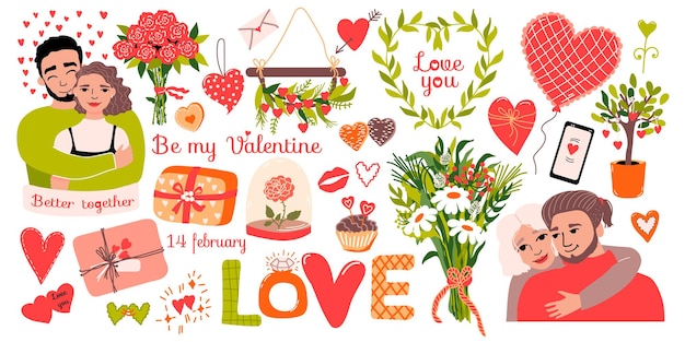 Valentines Day set. Men and women hugging. Different hearts, garland, plants, flowers bouquet and text.