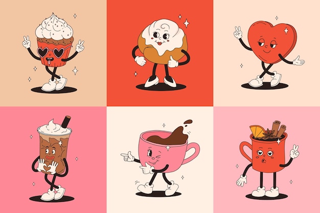 Valentines Day set of vintage characters Happy and cheerful retro Old animation 50s 60s 70s groovy cartoon characters of coffee and sweets donut cupcake espresso latte cocoa cake present