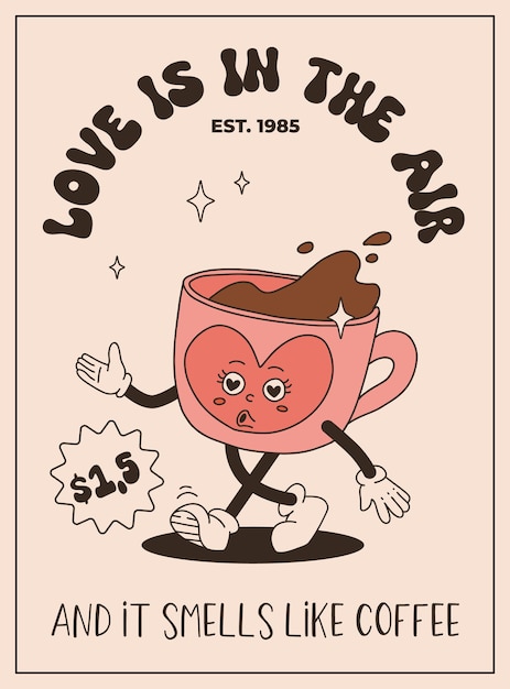 Vector valentines day set of vintage characters happy and cheerful retro old animation 50s 60s 70s groovy cartoon characters of coffee and sweets donut cupcake espresso latte cocoa cake present